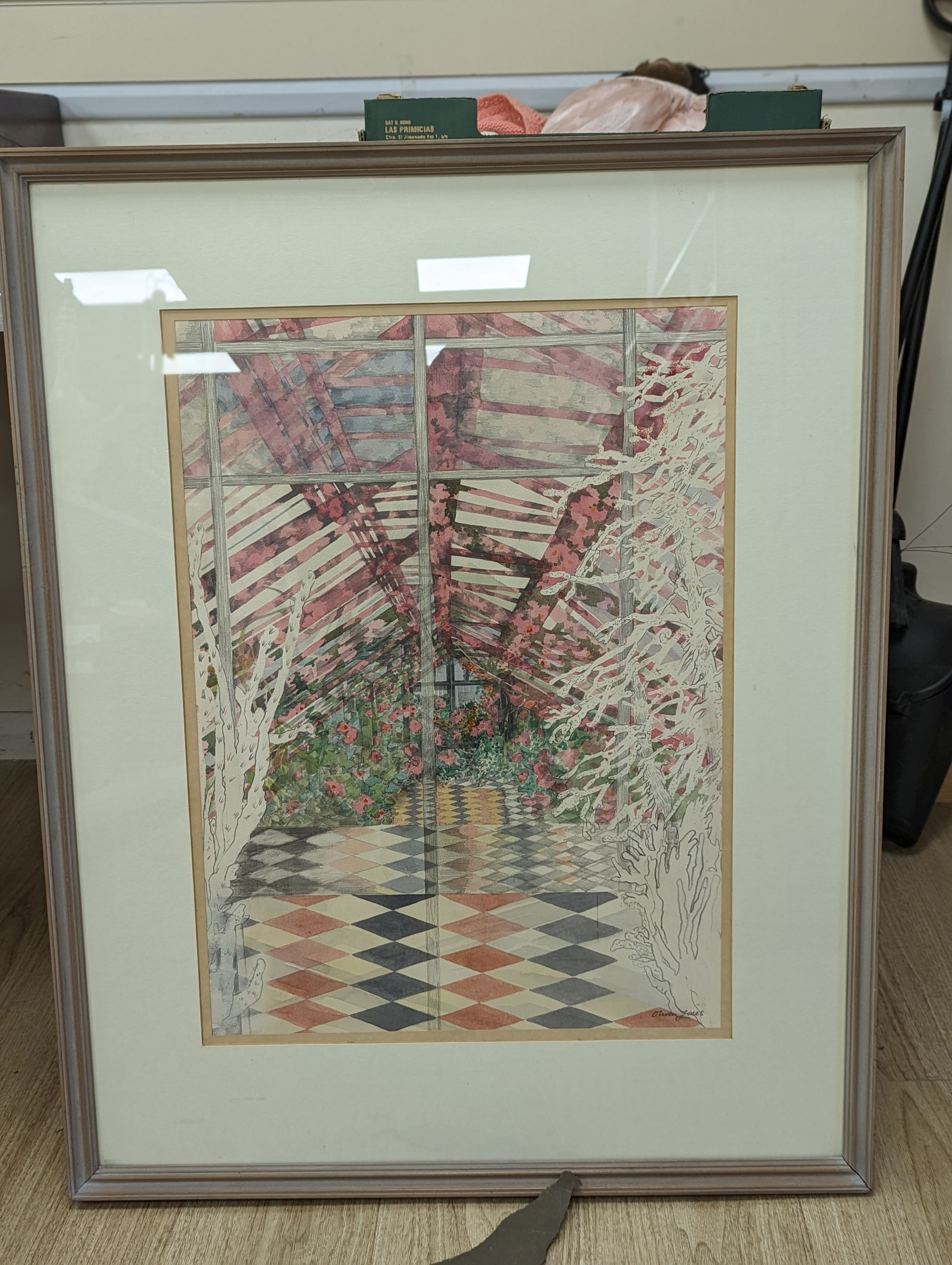 Olwen Jones (1945-), watercolour, 'Tiled Greenhouse', signed, 60 x 44cm